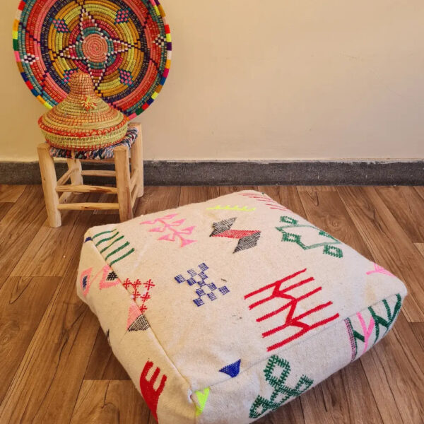 Handmade Moroccan Berber Pouf – Vibrant Vintage Ottoman