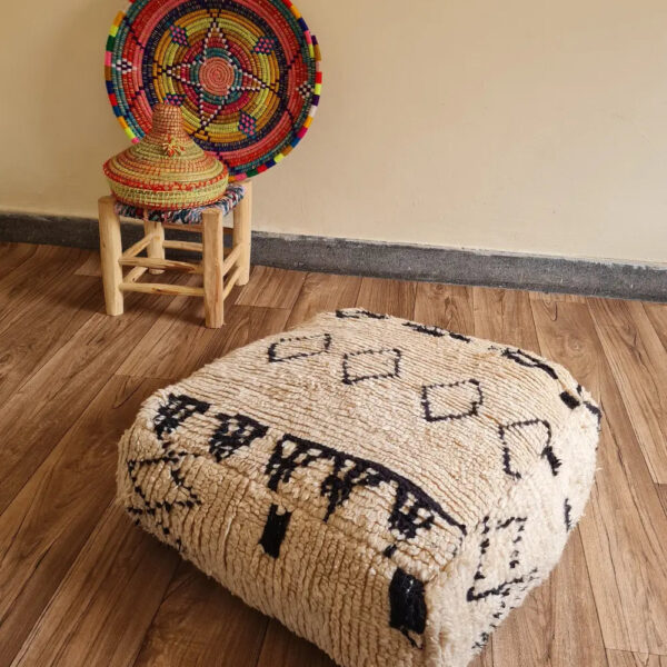 Handmade Moroccan Beni Ourain Pouf – Vintage Wool Floor Cushion